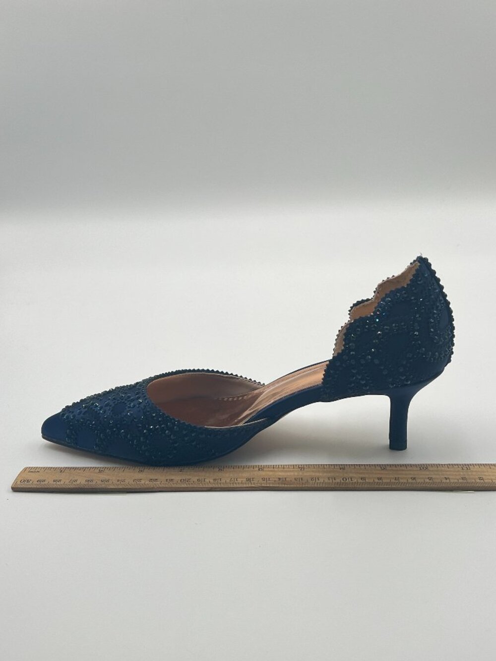XYD Navy Pumps, Elegant Pointed Toe, D'Orsay Kitten Low Heels, Rhinestone Shoes
